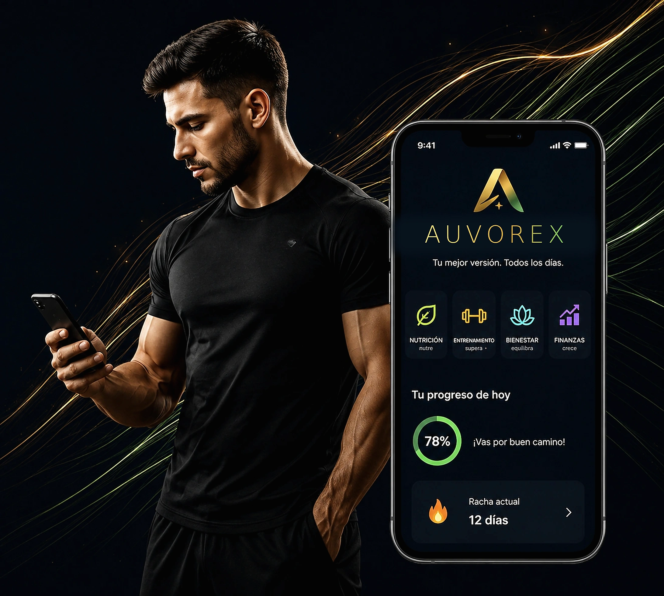 Persona usando Auvorex junto a una vista de la aplicación